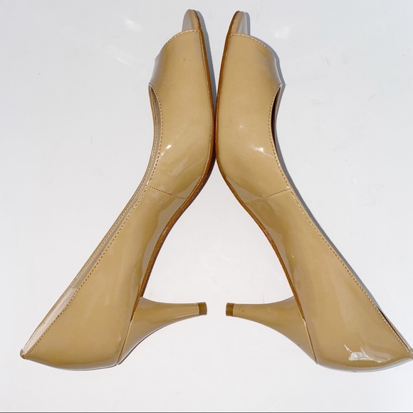 Tahari | Open Toe Camel Patent Pumps 10 - Picture 7 of 11